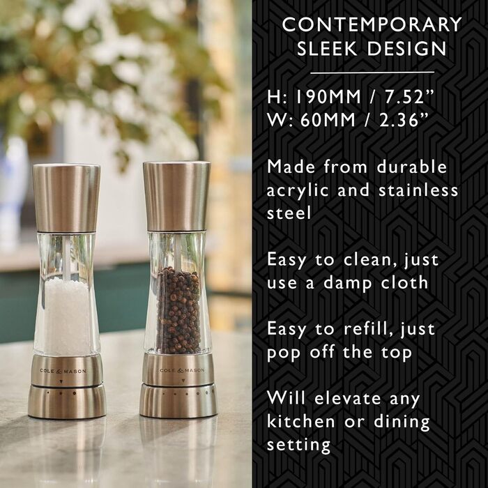 Cole & Mason Derwent Salt & Pepper Mill Set – 19cm, Adjustable Ceramic Grinder, Stainless Steel & Acrylic Design, Color: Stainless Steel, Precise Grinding, Durable