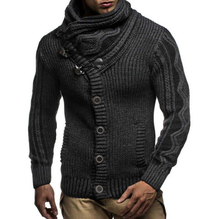 Чоловічий светр Leif Nelson з коміром-шарфом, Slim Fit, зимовий, повсякденний, велика в'язка, чорний, з капюшоном, Розмір: XL