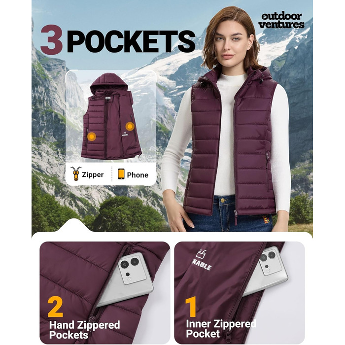 Стьобана жилетка Outdoor Ventures для жінок з капюшоном, гібридна спортивна жилетка для походів та кемпінгу, тепла велосипедна жилетка з капюшоном, лілова, XXL