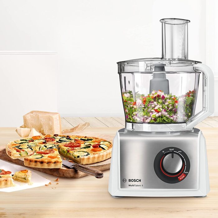 Bosch Compact Kitchen Machine MultiTalent 8 MC812S814, 45 Functions, XXL Mixing Bowl 3.9 L, Mixer 1.5 L, Universal Knife, Whisk, Slice and Grate (fine, coarse), 1250 W, white/stainless steel
