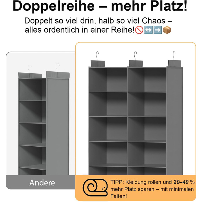 Організатор для шафи з 6 полицями, сірий - для одягу, з металевими гачками, компактний, для спальні, гуртожитку