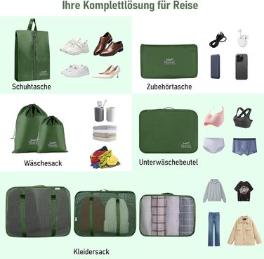 Органайзер для валізи, набір 10 шт. (зелений) - аксесуари для подорожей, кофри, косметичка