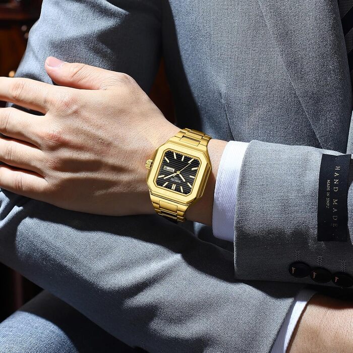 Годинник чоловічий NIBOSI: кварцовий годинник з нержавіючої сталі, мілітарі, квадратний, водонепроникний, бізнес-стиль, класичний, для чоловіків (золотий/чорний)