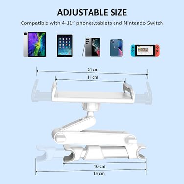 Підголівник для заднього сидіння авто, обертається на 360°, регульований, тримач для планшету/телефону, сумісний з усіма планшетами 4'-11', телефонами, iPhone, iPad Air Mini, білий