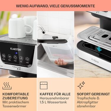 Klarstein Espresso Siebträgermaschine: компактна кавомашина для еспресо з молочною піною, 1,8 л, 20 бар, нержавіюча сталь, 1350 Вт