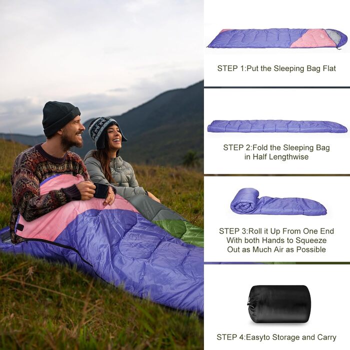 Yarmiene 3-4 Season Sleeping Bag - Warm & Rectangular for Adults & Kids - Outdoor, Camping & Hiking - Purple & Pink