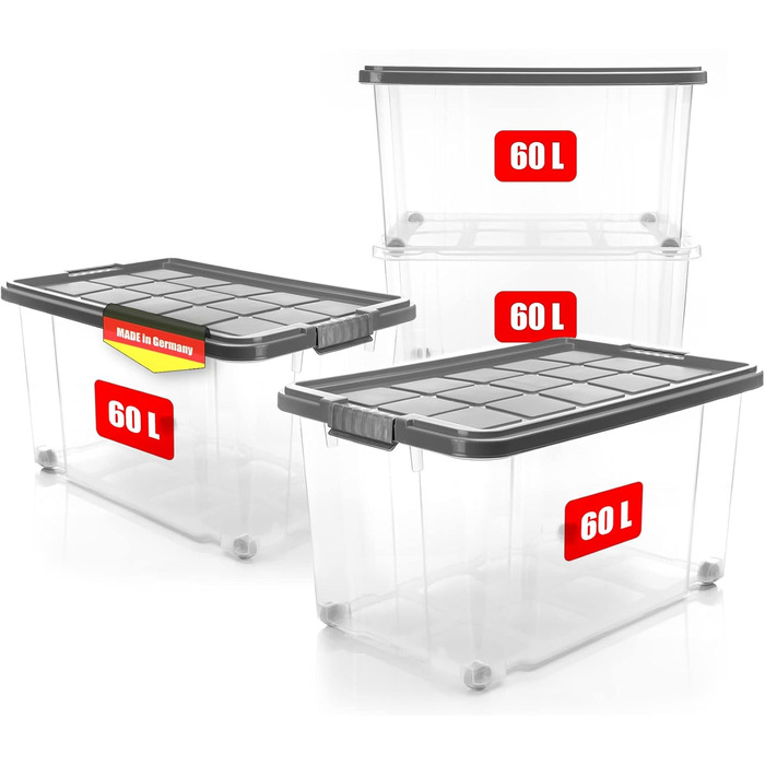 BigDean 4-Piece 60L Storage Box with Lid, Large Steel Grey - Stackable, Robust Box, BPA-Free - Rollable Storage Box with Secure Click Closures - Made in Germany