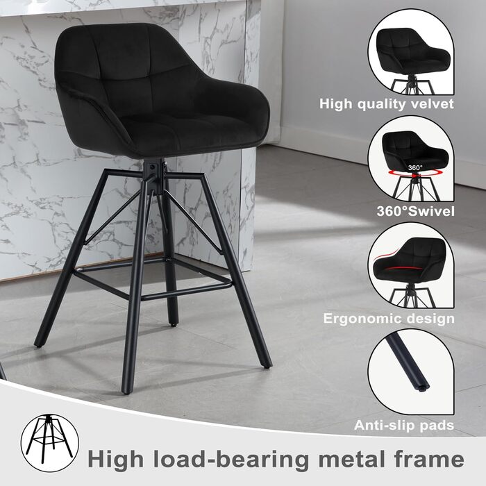 WOLTU 2-Piece Velvet Bar Stool Set with Backrest - Swivel, Padded, Metal Frame - Bistro & Counter Height Stools