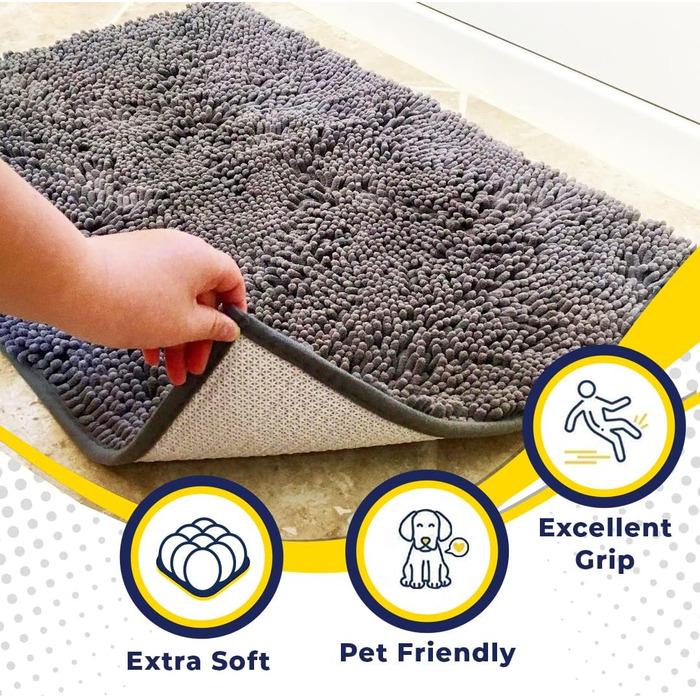 Килимок Muddy Mat® для підлоги та домашніх улюбленців, суперпоглинаючий мікрофібра, нековзний, товстий, праний, для кухні, ванної, спальні, приміщення й вулиці, сірий, розмір M, 76,2x48,3 см