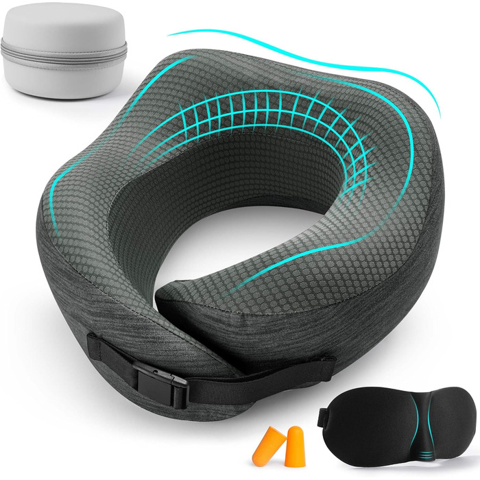 Подушка для шиї у літак, подорожі: Memory Foam, регульована, компактна, з чохлом, навушники, маска для сну (темно-сірий)