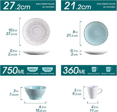 Tableware stoneware, vancasso VINE Ess Geschirrset, 16-piece combination tableware set with 4 dinner plates, cake plates, bowls, and cups each for 4 people, embossed vine design 16-piece tableware set Vine series