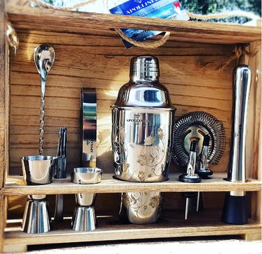 Cocktail Shaker, Professional Cocktail Shaker Set, Stainless Steel, 16 Pieces, Wooden Carrier, Easy to Carry, for Storing Aperitifs, Cocktail Set (16)