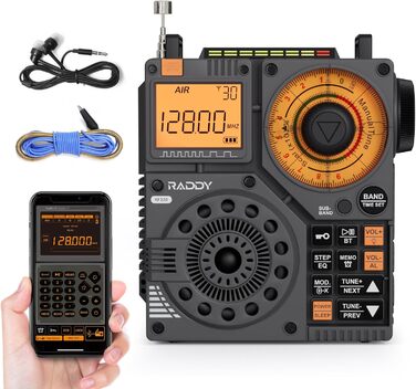 Raddy RF320: Портативне радіо Kurzwellenradio з керуванням через додаток, FM/AM/VHF/SW/AIR, підтримка BT/TF-картки, перезаряджуване, з антеною 3м, навушниками, ліхтариком, SOS, сірий