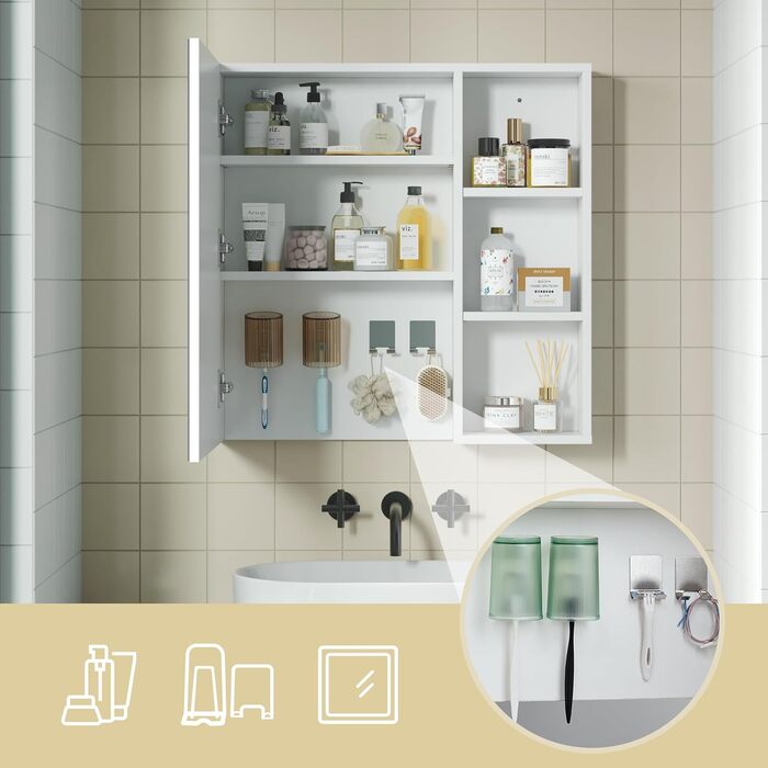 Bathroom cabinet with mirror, mirror cabinet for the bathroom wall-mounted with toothbrush holder and adjustable shelves, ventilation design, 65 x 15 x 65 cm, White
