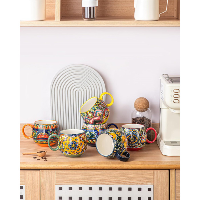 Набір чашок з порцеляни, керамічні чашки капучино/кружки - 600 мл, посуд для 6 осіб, набір чашок для кави - богемний стиль