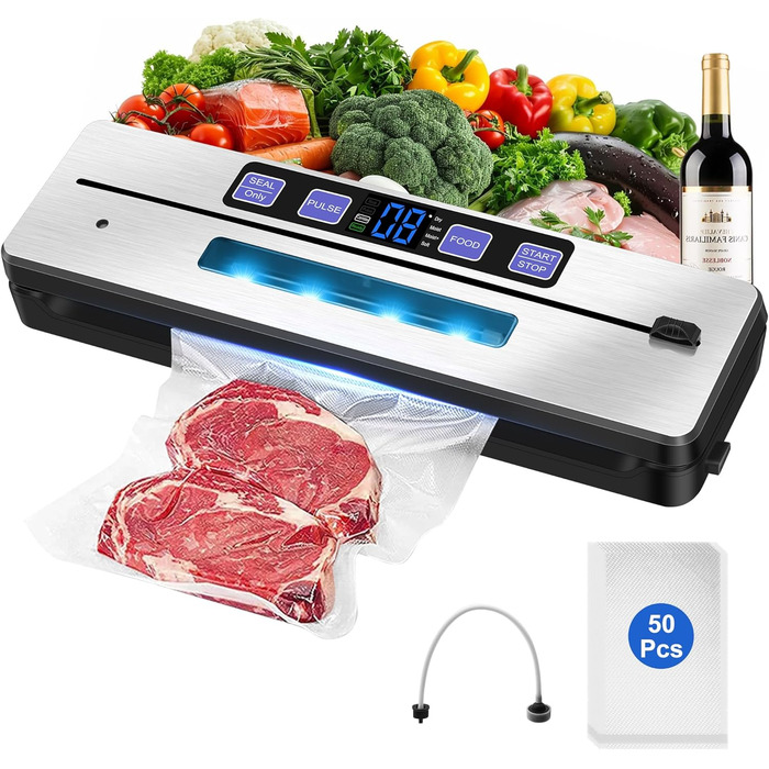 Вакуумний упаковник KLGFI 7-в-1: професійний, з подвійною зварювальною лінією, з різаком та цифровим таймером, комплект з 50 пакетами, срільно-чорний