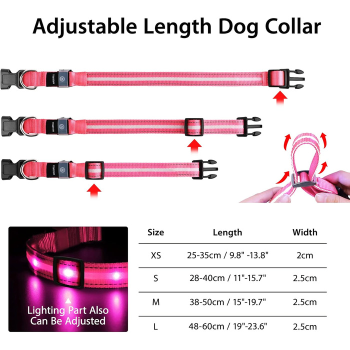 Світловідбиваючий нашийник для собак ASBRILL з LED підсвічуванням, водонепроникний, регульований, 3 режими освітлення, для маленьких, середніх та великих собак (XS, Рожевий)