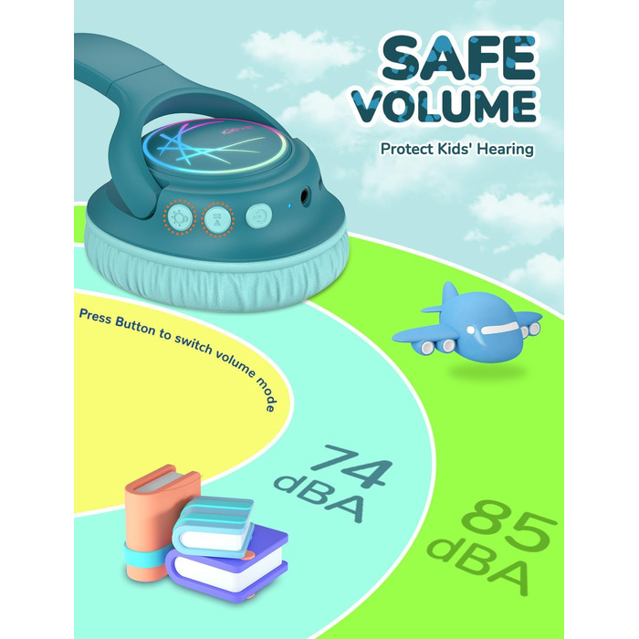 iClever Bluetooth навушники для дітей з LED-підсвіткою, обмеження гучності 74/85dBA, 43 години роботи, стерео звук, Type-C, AUX-кабель, Bluetooth 5.3, для планшетів/подорожей (Турквіс)