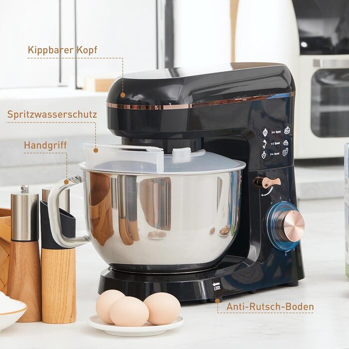 Кухонна машина HOMCOM 1400W з чашею 5.5л з нержавіючої сталі, 6 швидкостей, міксер для тіста та приготування їжі