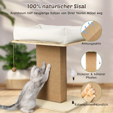 Котячий будиночок з дряпалкою Luxus: широка колона з берези, міцний, до 25 кг, сизаль, велике ліжко з подушкою з органічної льону, легко збирається, бежевий колір