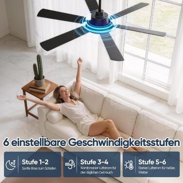 Стеляний вентилятор з підсвіткою 132см, 6 лопатей, з пультом керування, тихий DC-двигун, 6 швидкостей, 3CCT, регульоване LED-підсвітлення, двосторонні лопаті для спальні/вітальні