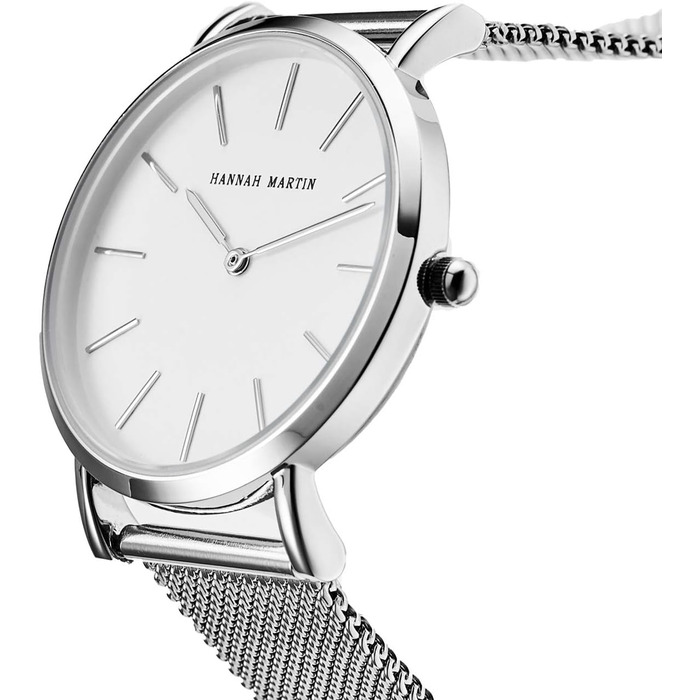 Жіночий годинник Hannah Martin: аналоговий кварц, водонепроникний, з нержавіючої сталі, ультратонкий, сіре мережате плече, біле покриття