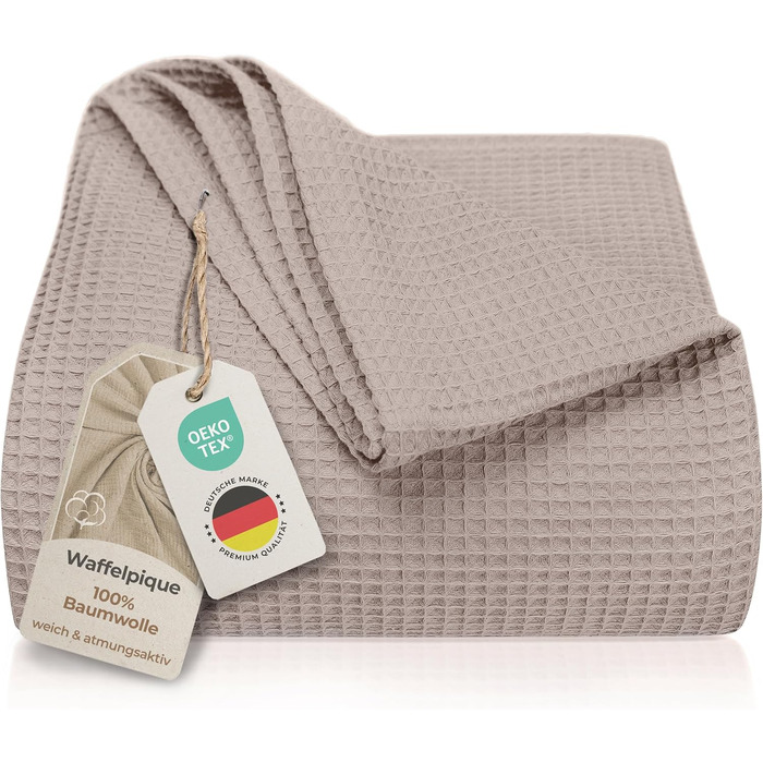 Плед LAYNENBURG Premium 180x220 см, бавовна 100%, вафельна в'язка, бежевий. Плед на ліжко, диван, софу.