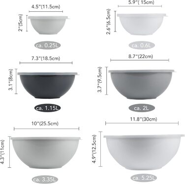 Набір мисок для перемішування BoxedHome з кришками, 12 штук. Пластикові миски для салату, неслизькі, стекові сервіровочні миски для кухні (6 мисок та 6 кришок, білий сірий)