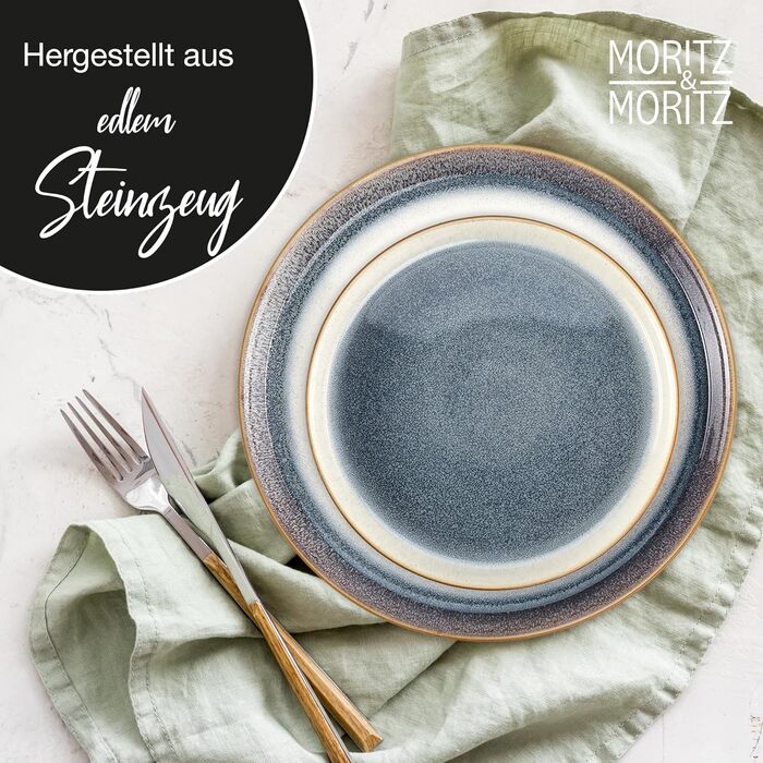 Moritz & Moritz TARENTO 24-Piece Dinnerware Set, 6 People, Blue - Elegant Plate Set made of high-quality stoneware - Dinnerware set consisting of 6 dinner plates, 6 dessert plates, 6 soup plates, and 6 cups