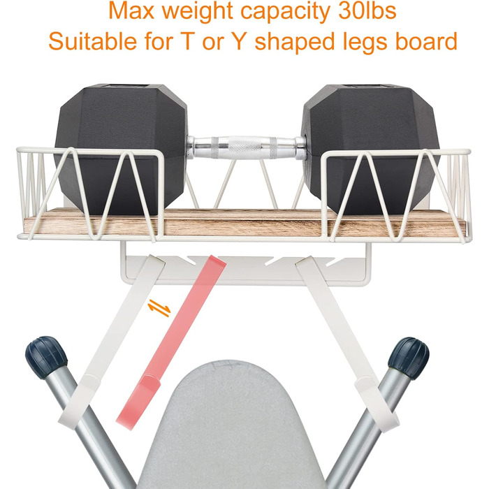 Настінна підставка для прасувальної дошки MOREE з великим дерев'яним кошиком | Підставка для прасувальної дошки та праски | Легке підвішування прасувальної дошки | Практична для пральні та дому, білий