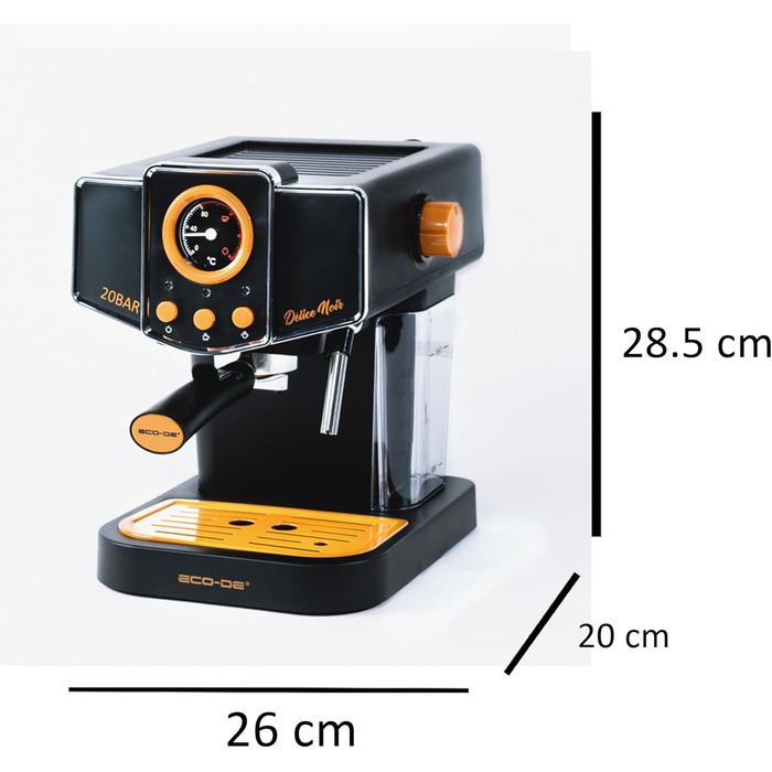 ECODE® Espresso Machine Delice Black, 20 Bar Pressure, Swivel Vaporizer - Machine with 1.5 L Tank, Milk Frother, Single/Double Dosing, Manometer with Temperature - Coffee Machine