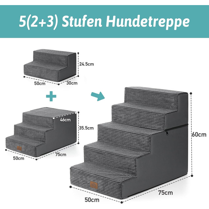 COZY KISS Dog Stairs for Small Dogs, Wide Steps Pet Stairs for Bed Couch Car, 60cm High High-Density Foam Cat Stairs with Removable Cover ( 7x0x60cm, ) (Dark Gray, 5, 75x50x60cm-Removable)