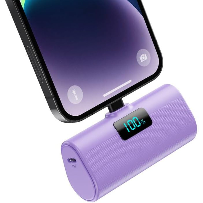 Портативний зарядний акумулятор Mini Powerbank 5200mAh з PD 20W для iPhone. Компактний Power Bank з LCD дисплеєм, сумісний з iPhone 14/13/12/11 та іншими моделями (фіолетовий)