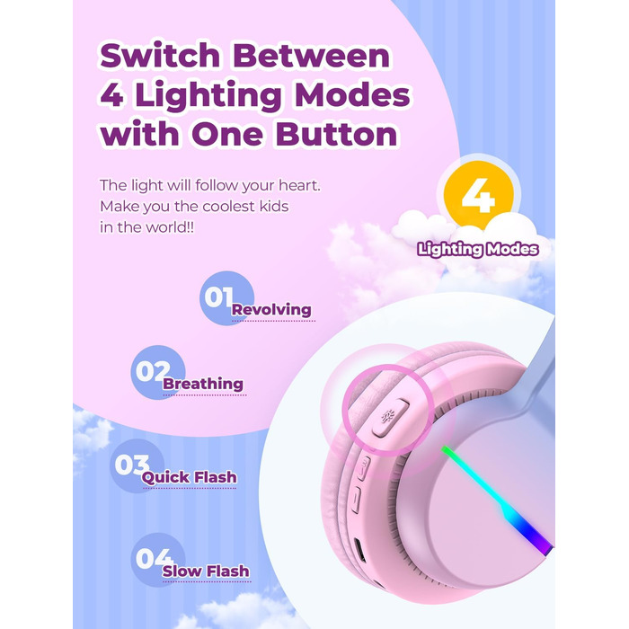 iClever Бездротові навушники для дітей з LED-підсвічуванням, Over-Ear, Bluetooth 5.2, мікрофон, рожевий градієнт, час роботи 85 годин