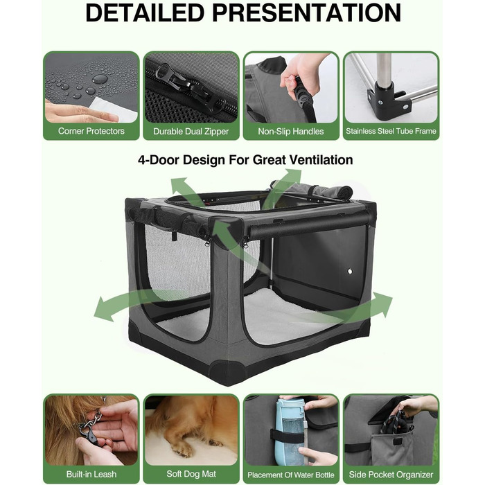 Складана переноска для собак середніх порід, 76x54x54 см (зелена) / 60x42x42 см (сіра), з м'яким лежанком та міцними сітковими вікнами