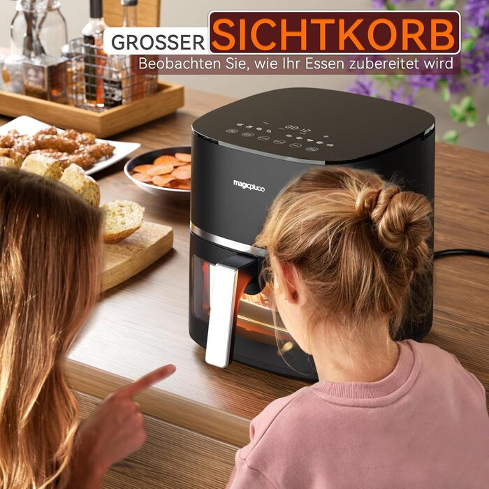 magicplux Hot Air Fryer 5.5L XXL, 1500W Airfryer with 13 Pre-programmed Settings, Digital LED Touchscreen, X CYCLONE AIR Uniform Heat Technology, with 21 Recipes, Dishwasher-Safe, Black, Windowless