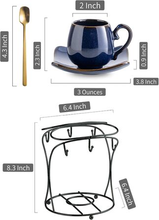 Набір кавових чашок з блюдцями LYEOBOH (6 шт.), 85 мл, кераміка, білий колір, з металевим підставкою та ложками. Підходять для еспресо, капучино, лате, мокко та чаю.