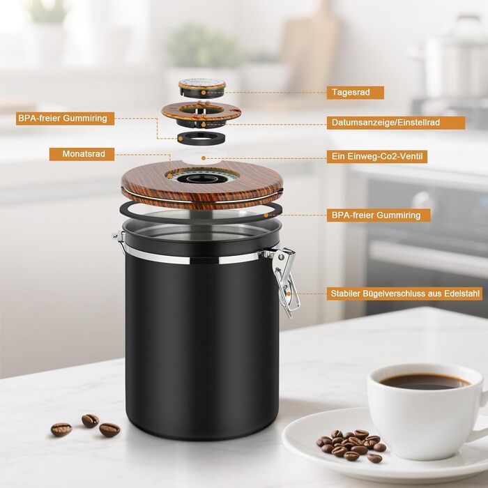 Каньора для кави 1 кг, нержавіюча сталь з дерев'яним декором, вакуумна каністра з CO2-клапаном, мірна ложка та індикатор дати, для кави, горіхів, какао