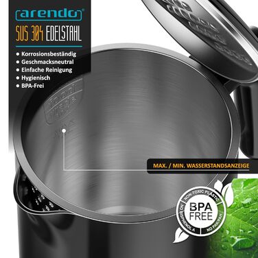 Електричний чайник Arendo з регулюванням температури, нержавіюча сталь, подвійні стінки Cool Touch, дисплей, бездротовий, 2200 Вт, 1,7 л, захист від перегріву, функція підтримання тепла, чорний