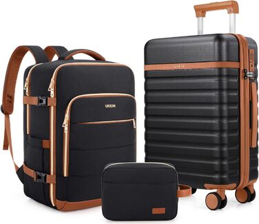 Набір валіз UKEIN 3 шт. з жорстким корпусом, для подорожей, з TSA замком та спіннер колесами. Включає рюкзак та косметичку. (Чорний/Коричневий)