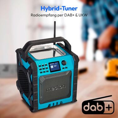 MEDION E66877 Радіо для будівельних майданчиків DAB+ Bluetooth з LED-ліхтарем (IP44, акумулятор/мережа, вертикальне) блакитне