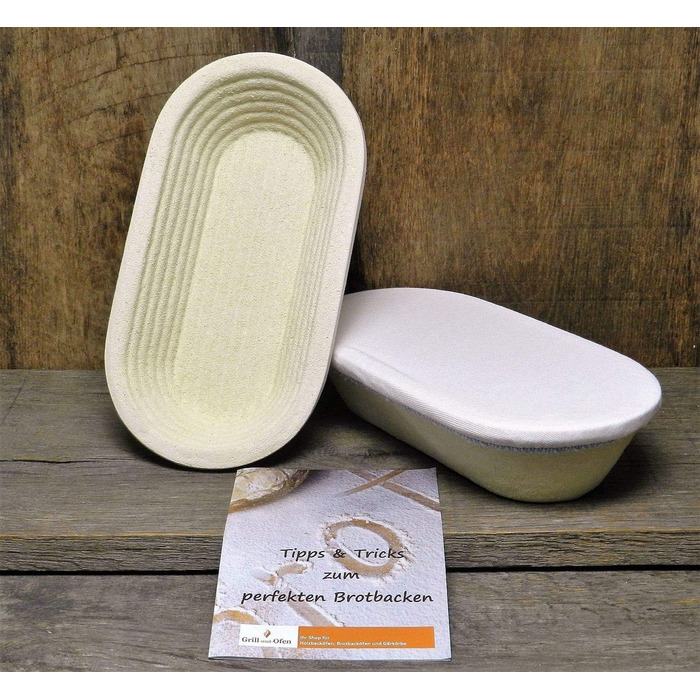 Bread proofing basket, small size, with ribbed pattern and cover, for 1 kg of bread, including information 'perfect bread baking'