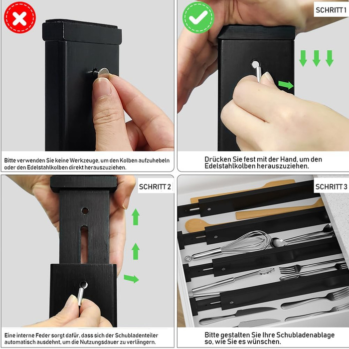 Ruichang 4-Piece Bamboo Drawer Dividers Adjustable (44-55 x 1.5 x 5.7 cm, Black), Drawer Dividers for Kitchen, Drawer Organizers for Kitchen Drawers