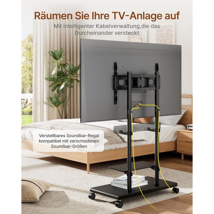 Підставка для телевізора на колесах з кріпленням для саундбару, 50-90 дюймів, до 70 кг, регульована висота та нахил, MAX VESA 600x400 мм