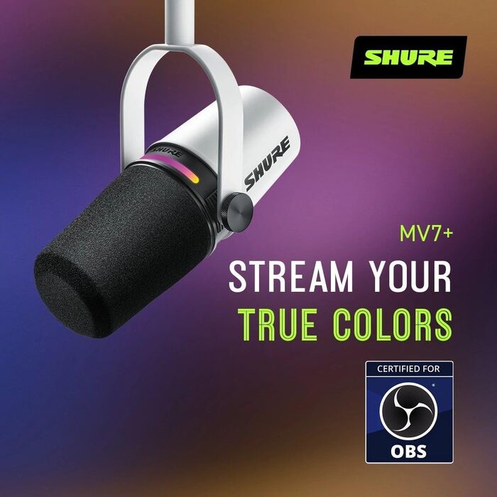 Мікрофон Shure MV7+ Gen 2 для подкастів, стрімінгу та запису – білий. USB/XLR, LED-сенсор, авто-регулювання рівня, цифровий поп-фільтр