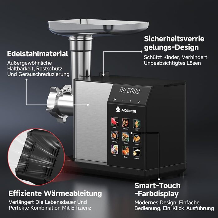 М'ясорубка електрична AAOBOSI 3000W з LED-дисплеєм, 3 швидкості, анти-затор, контейнер для зберігання, для ковбас та кібе, срібляста