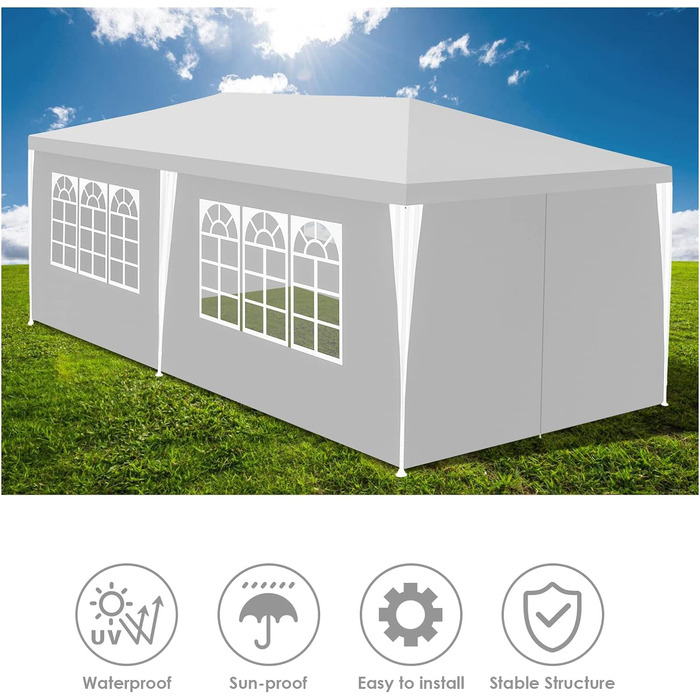 Garden pavilion, garden gazebo with 6 side walls and windows, stable, UV protection, waterproof, party pavilion, folding gazebo, garden tent, party tent, for outdoor use, garden, party, wedding (3x6m, white)