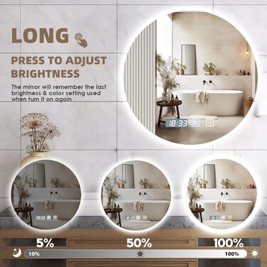 Дзеркало для ванної кімнати Viugreum з підсвічуванням 50x75 см, овальне LED дзеркало, регульована яскравість, 3 кольори світла, протитуманне покриття, годинник, сенсорна кнопка, LED дзеркало для ванної кімнати, вітальні (60 см кругле)