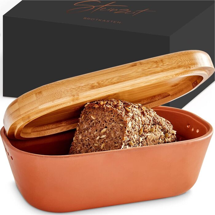 Bread Box - Bread Container made of breathable clay – Ceramic bread box with elegant bamboo lid – Bread pot for space-saving storage