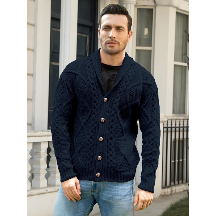 Чоловіча в'язана жилетка Comdecevis з коміром-шарфом, рельєфним в'язанням, ґудзиками, довгими рукавами, повсякденна, з кишенями, розмір L, темно-синій